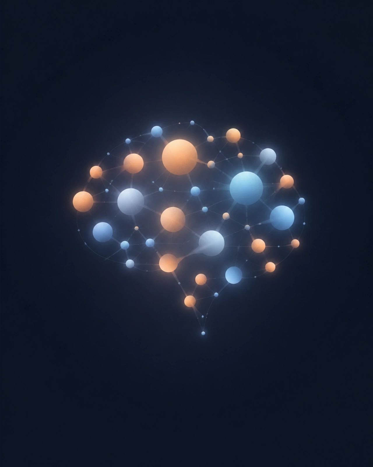 Minimalist digital illustration representing a 'company brain'. A cluster of soft, glowing spheres in muted orange and pale blue, connected by thin, barely-visible lines.