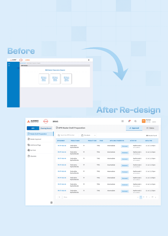 BRMS-API software old and new redesign screens