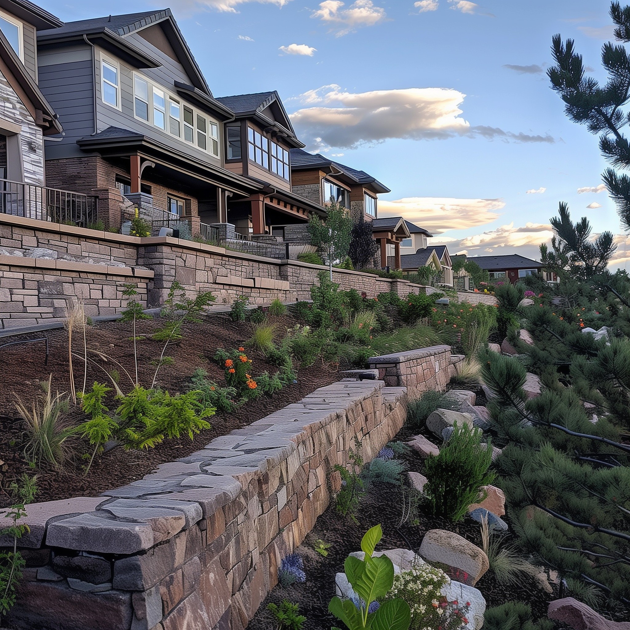 upscale home in castle rock, Colorado, with stone retaining walls with multi-level terrace for a garden, flowers, and plants