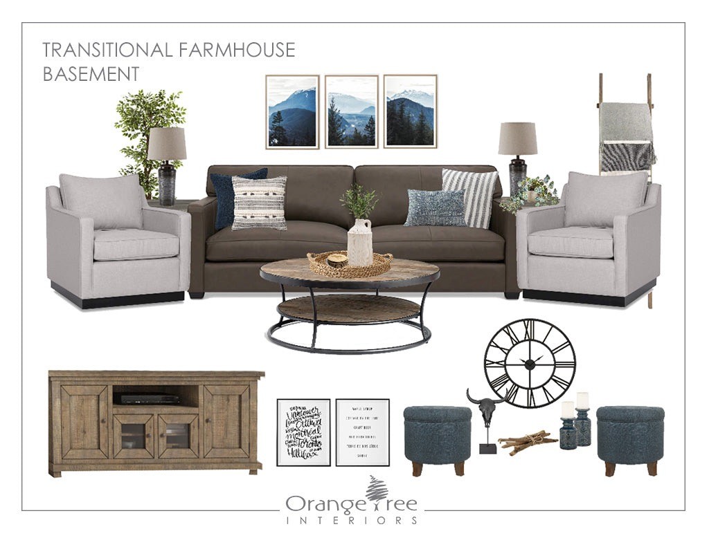 Transitional Farmhouse Living Room Basement