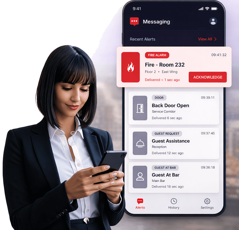 Female Hotel manager  in jacket looking at messages on phone – with meassgin UI on phone