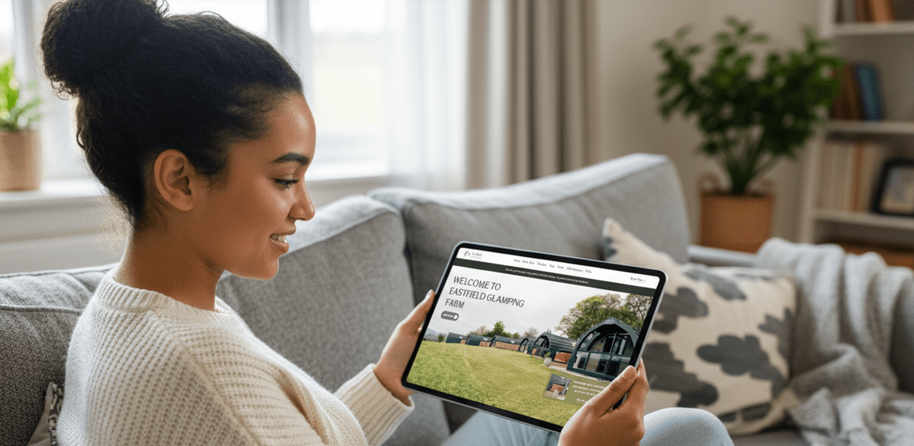 A mockup on a woman on a sofa looking at the Eastfield Glamping Farm website. 
