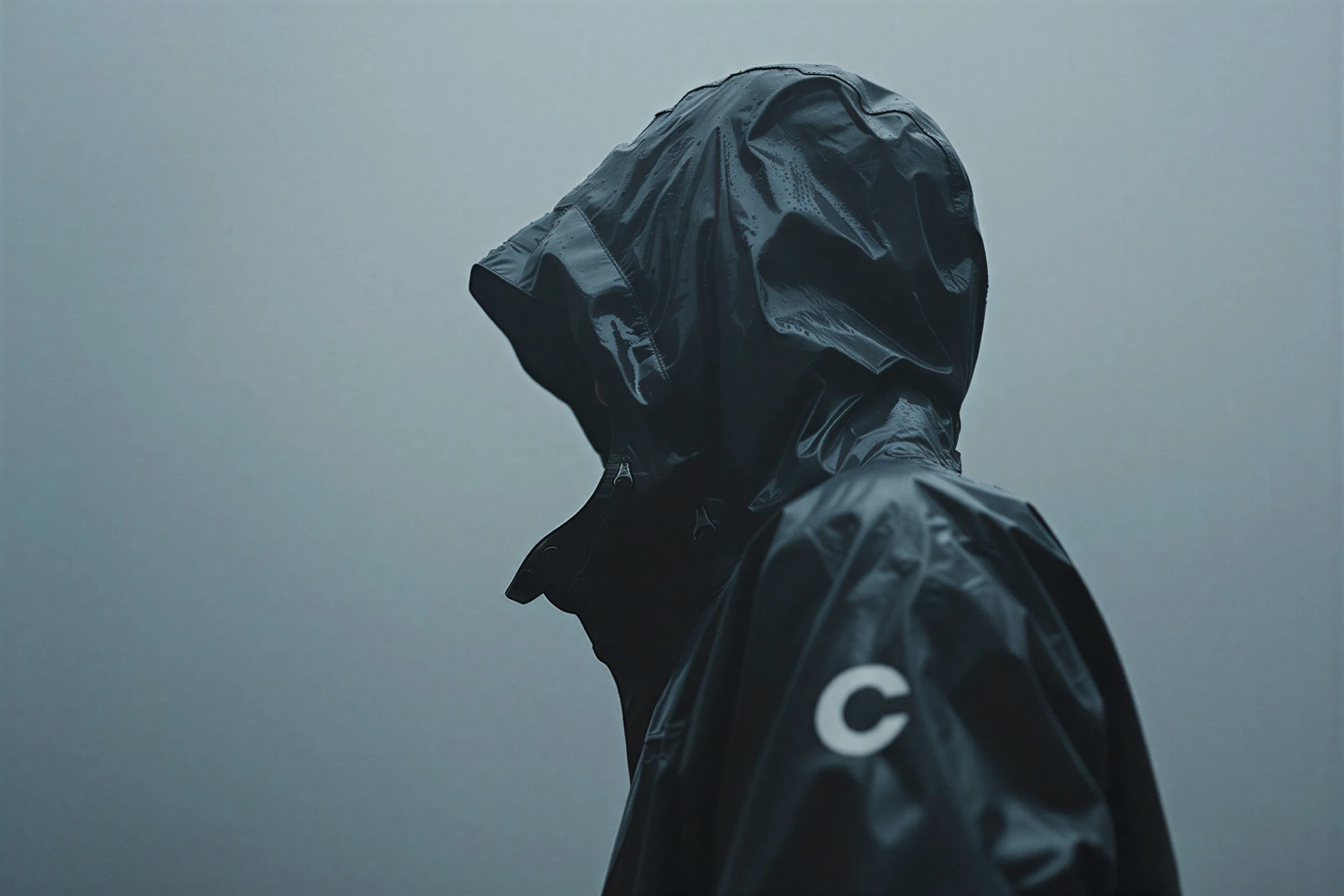 A person in a hooded, waterproof jacket stands against a misty, grey background, suggesting a mysterious atmosphere.