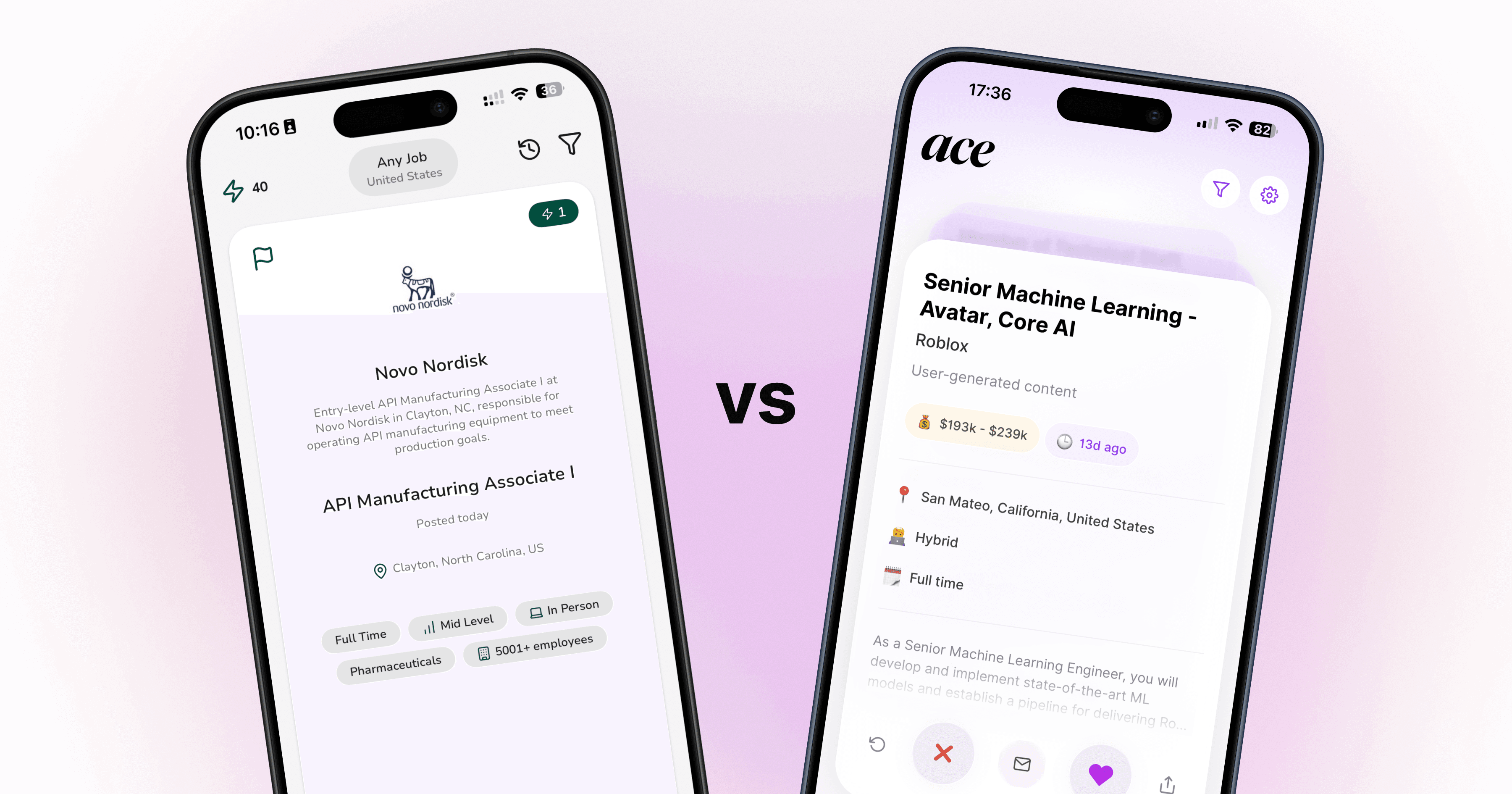 Comparison of Sprout and Ace AI job search apps showing features side by side