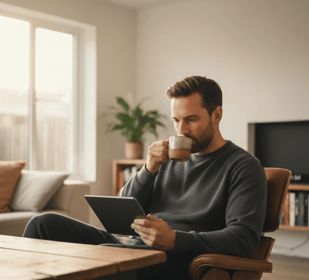 A man relaxing in a bright, modern living room on a Sunday morning, drinking coffee and reading the 'Smartest Bloke on Site' Sunday Review on his tablet, embodying a lifestyle of continuous learning and professional growth.