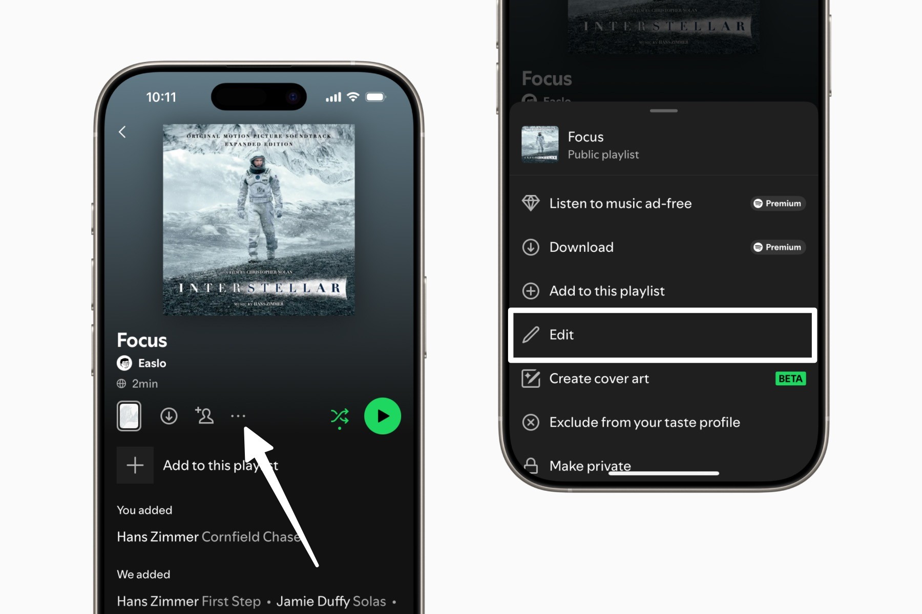 Playlist page and edit option in Spotify