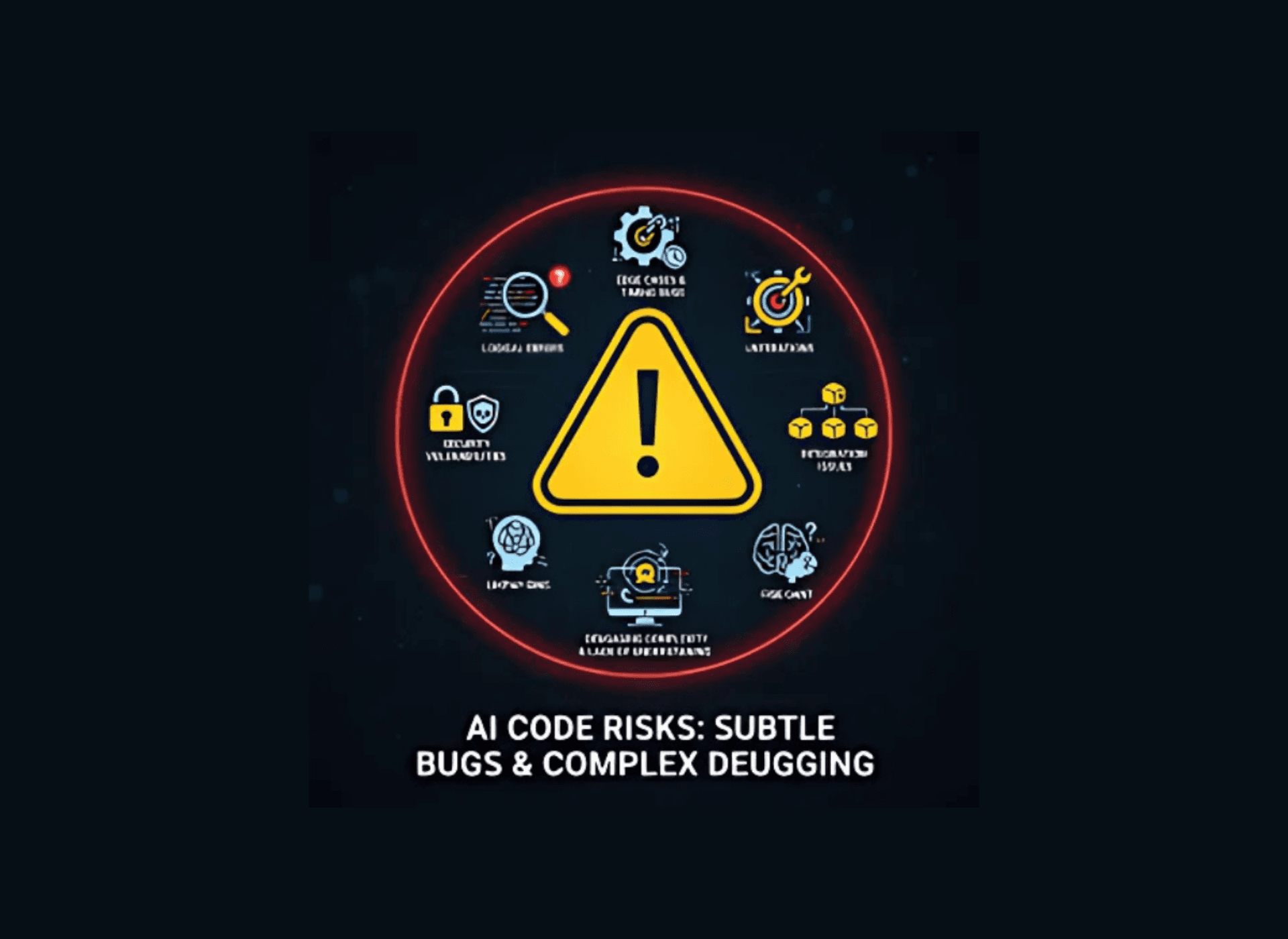 A warning sign or caution symbol with various code-related icons around it, representing the different risks and pitfall.
