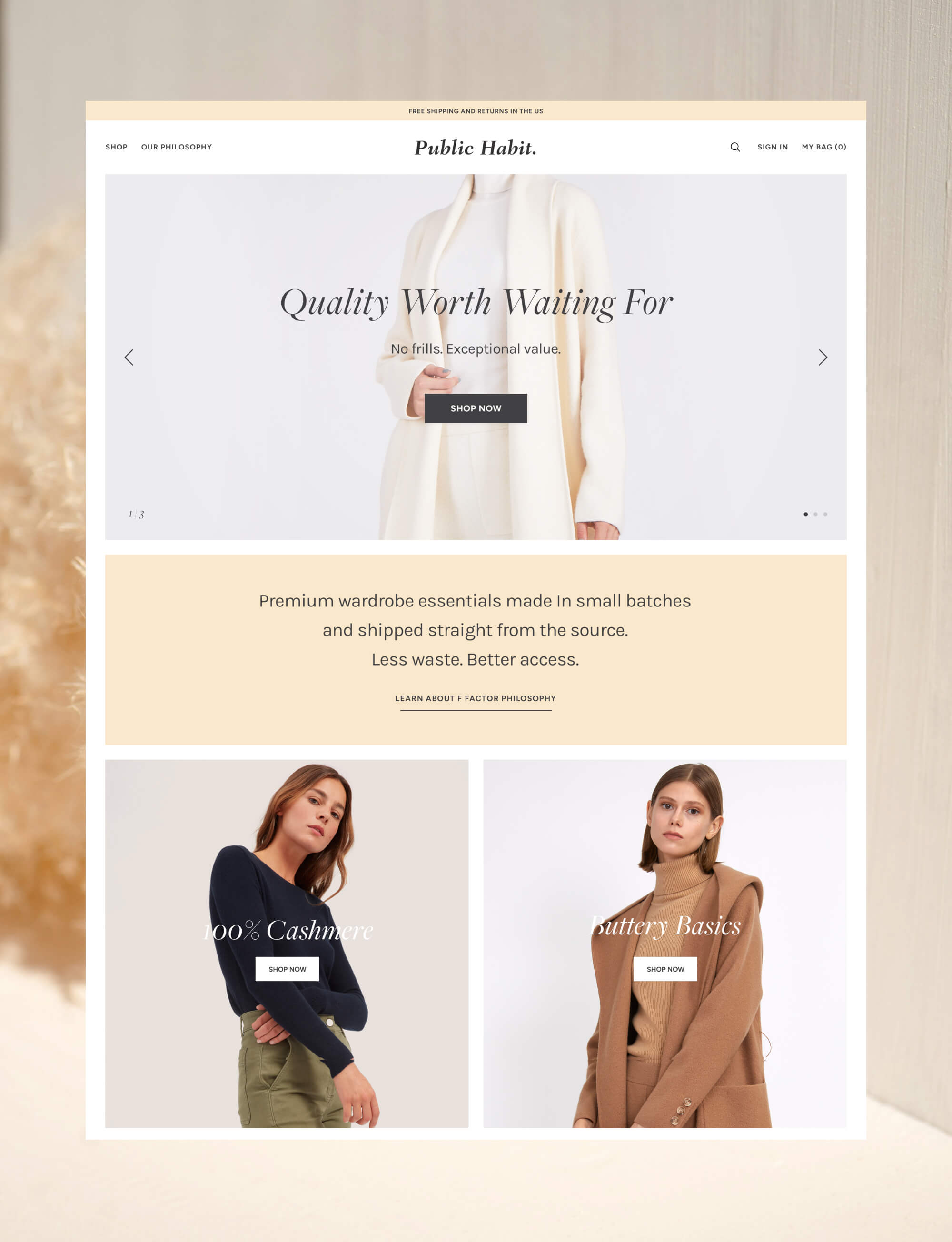 Minimalist e-commerce design for Public Habit, offering sustainable fashion