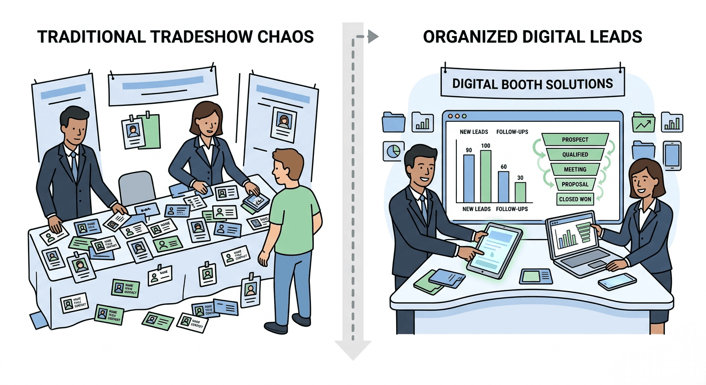Event ROI measurement concept showing messy badge scans turning into structured lead pipeline