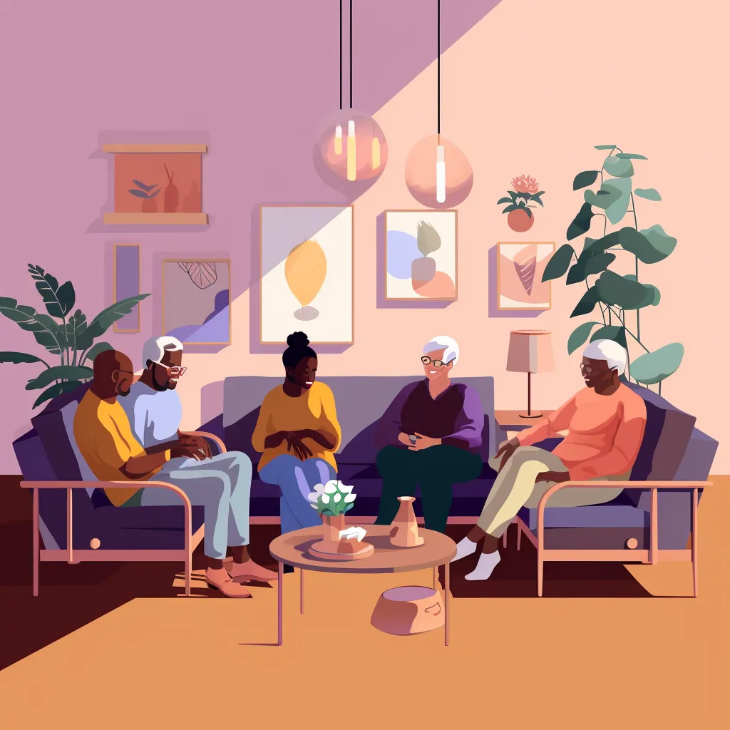 Five individuals seated comfortably on sofas inside a cozy living room setting.