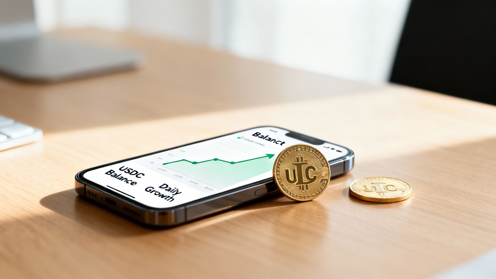 A smartphone displays a crypto balance graph with USDC growth next to gold UTC coins.
