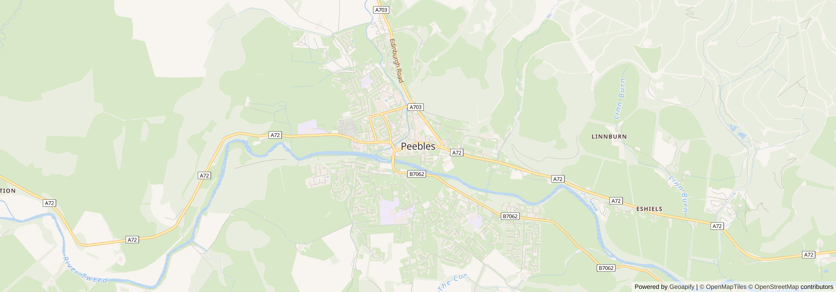 Street map of Peebles, Scottish Borders showing main roads and nearby areas