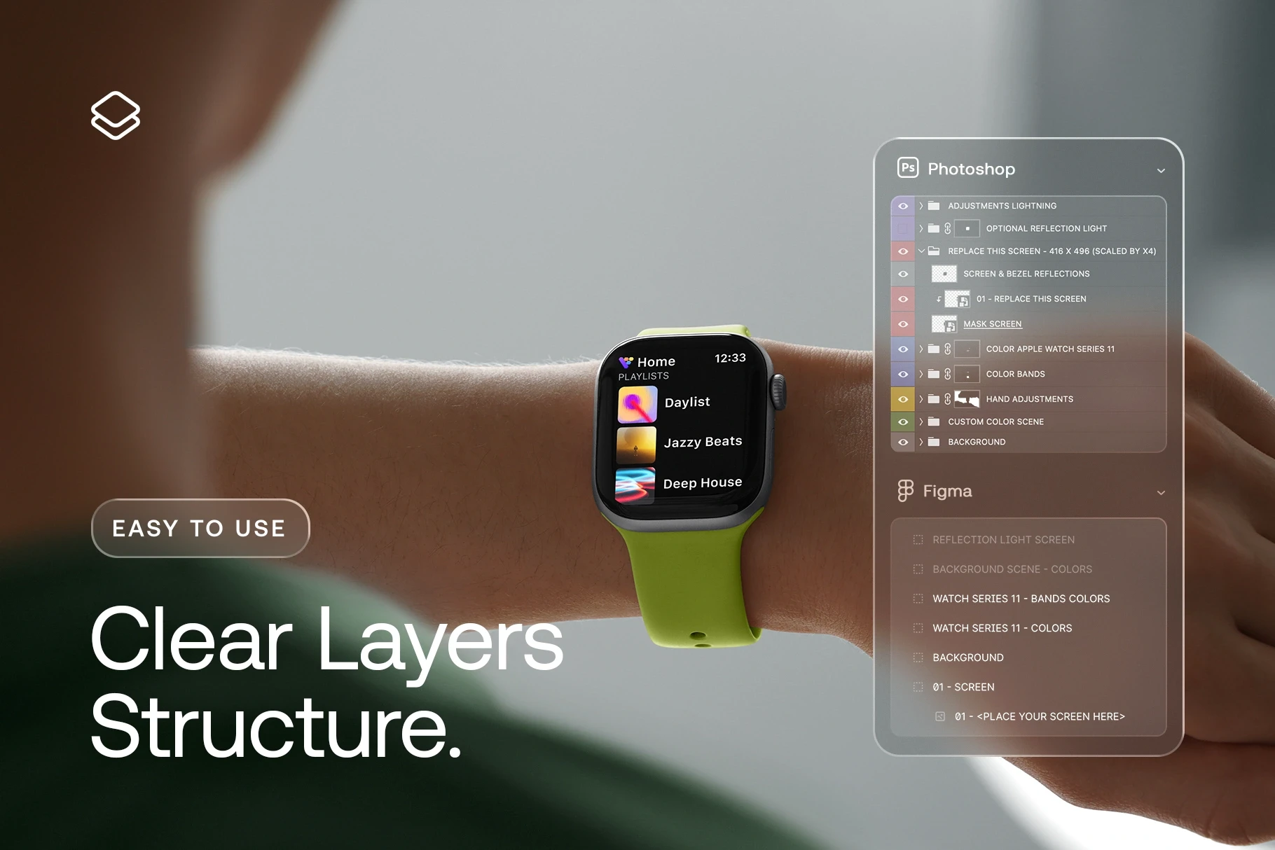 Apple Watch Series 11 PSD and Figma mockup with organized layers for easy smartwatch UI customization.