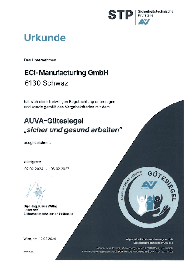 ECI Manufacturing AUVA Gütesigel 2024