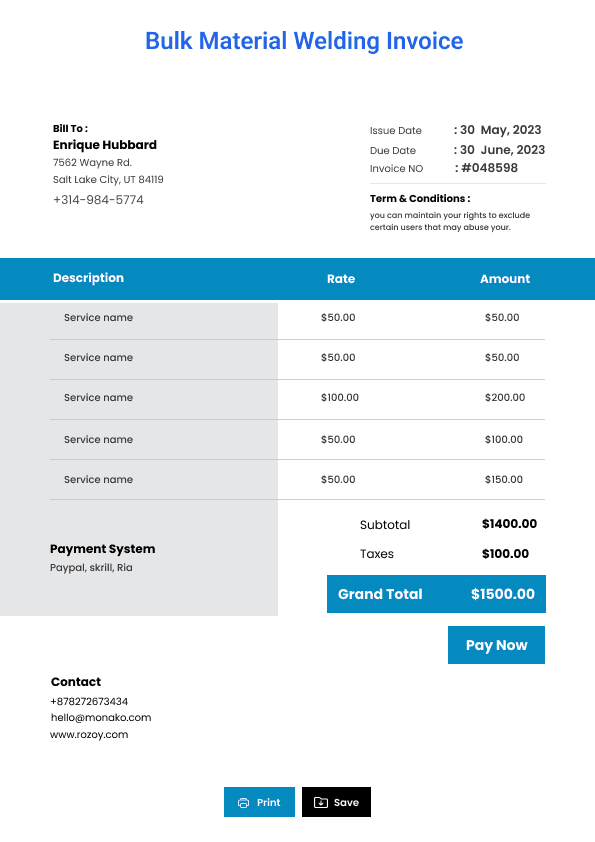 Bulk Material Welding Invoice