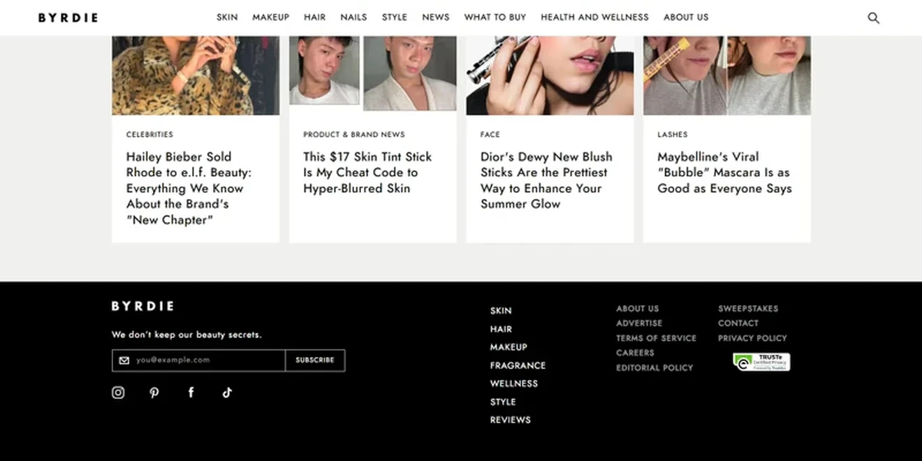 BYRDIE footer email opt-in form inviting readers to receive beauty secrets through a single email field