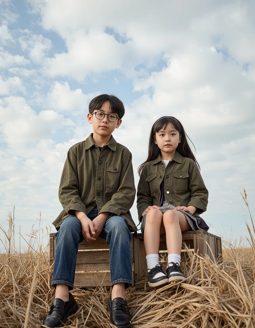 Two children in matching olive jackets sitting on wooden crate amid golden wheat field under cloudy blue sky