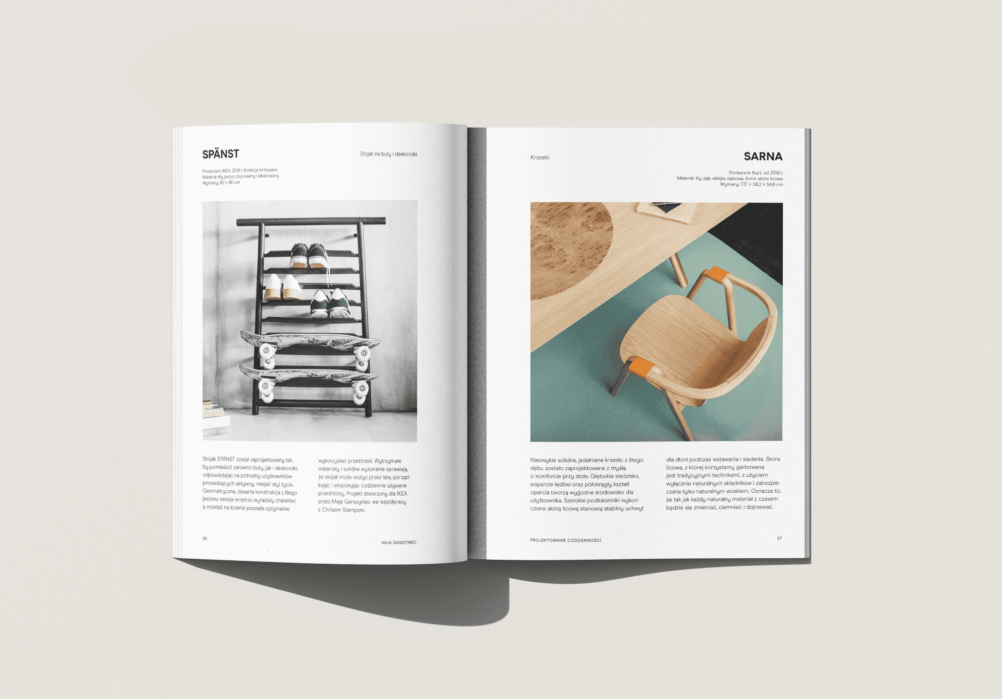 Przykładowa rozkładówka z katalogu  Maja Ganszyniec Projektowanie Codzienności, przedstawiająca domyślny układ 