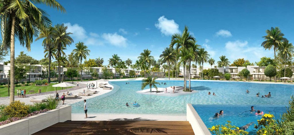 Artist's rendering of Opal Gardens resort featuring a pool surrounded by palm trees under a clear blue sky.