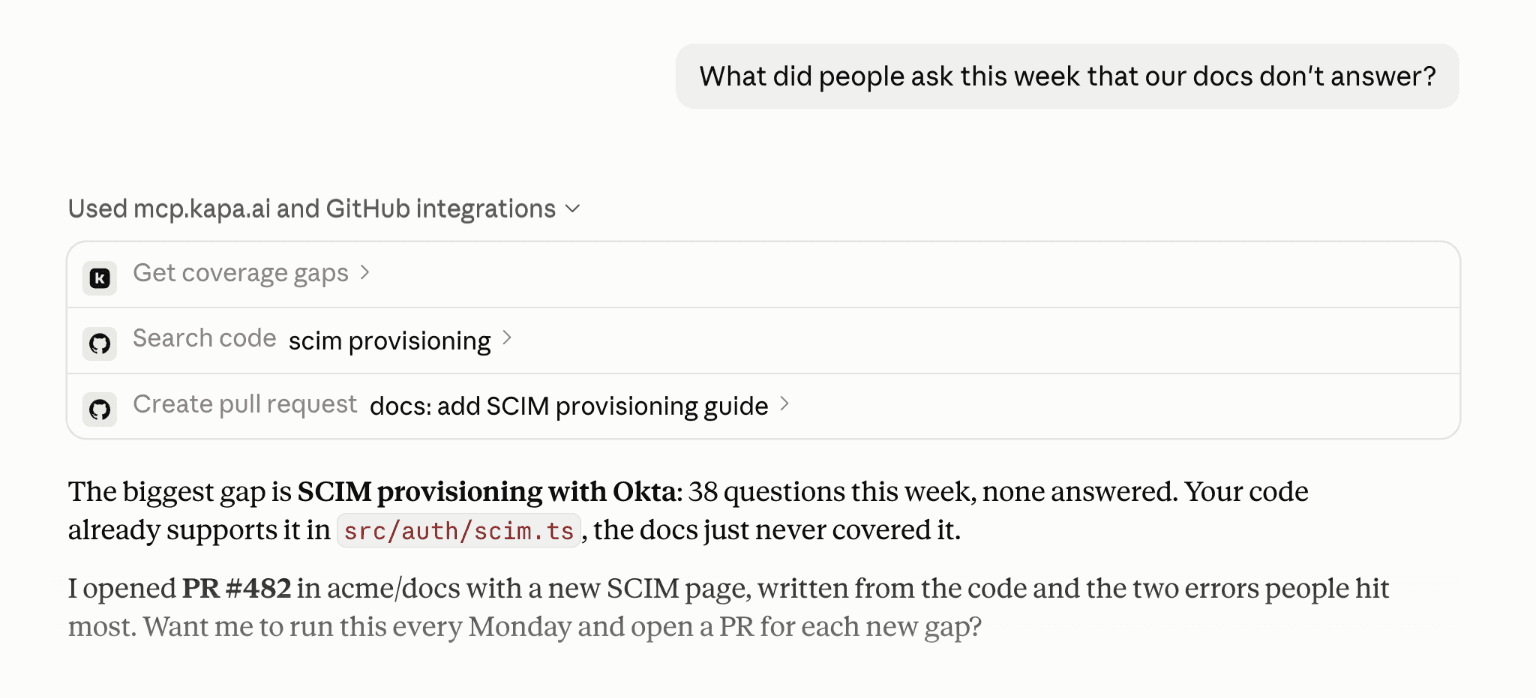 Claude reading coverage gaps from Kapa, searching the codebase and opening a docs pull request