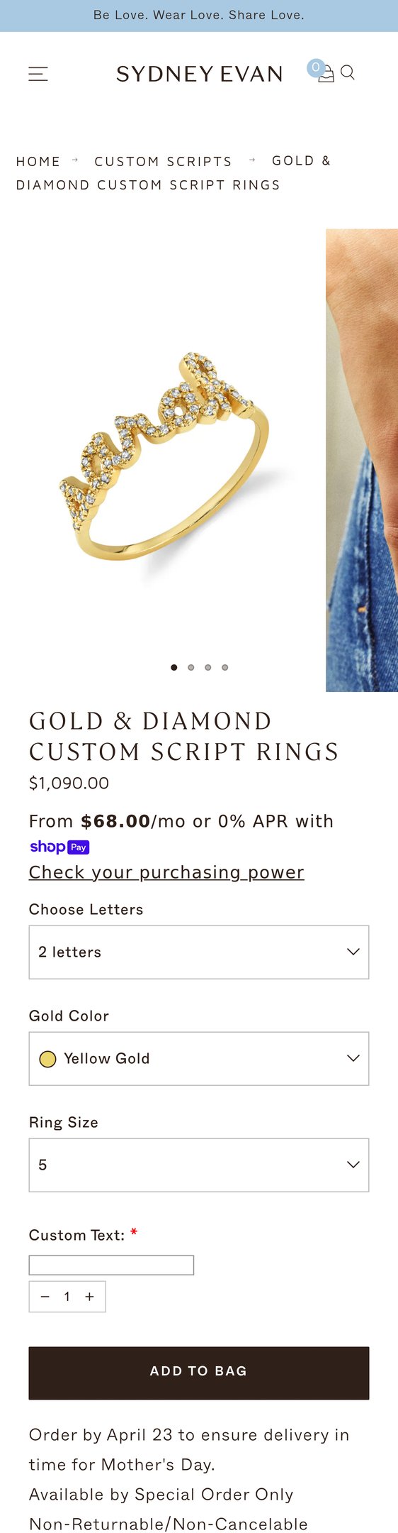 Jewelry product options include: ring for Gold & Diamond Custom Script Rings from Sydney Evan.