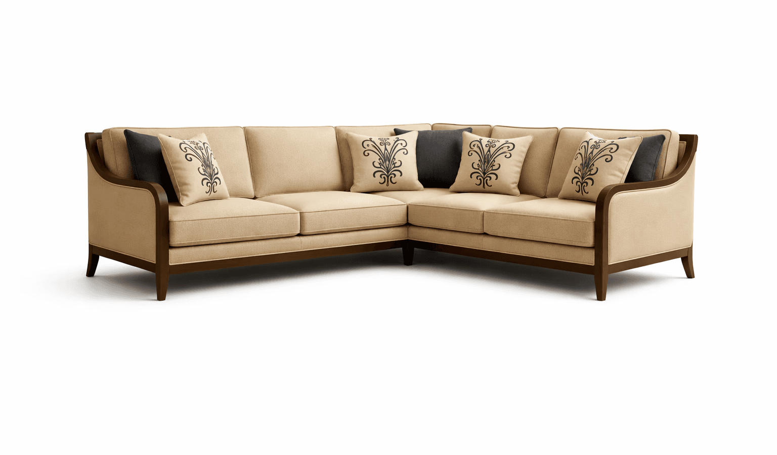 Classic upholstered sofa set with structured cushions and wooden detailing