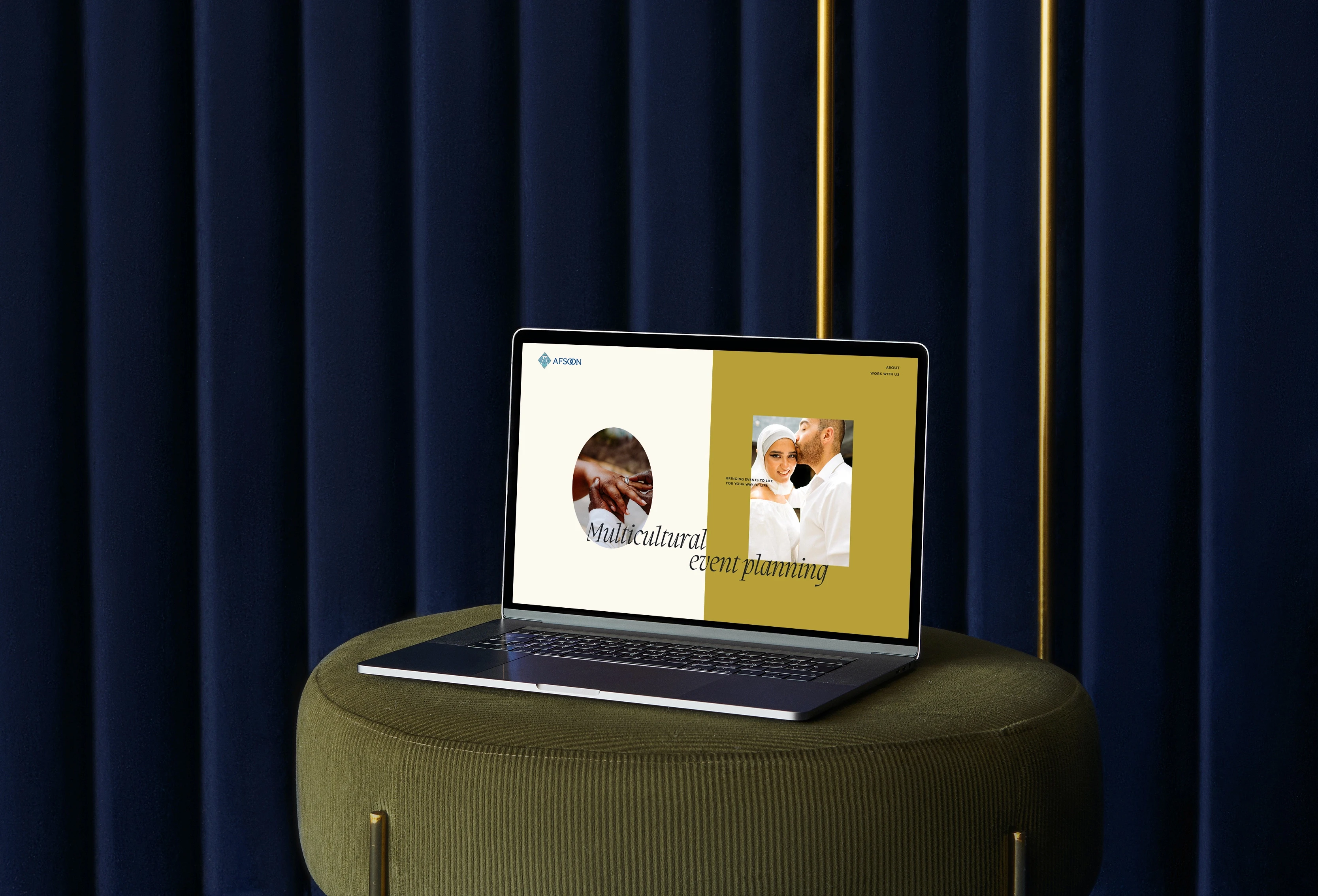 An open laptop sitting on top of a olive-colored velvet chair. The laptop is showcasing AfsoonKC.com. Screens feature the Afsoon logo, with half in cream and the other in olive, showcasing images of couples and prominent serif headlines.
