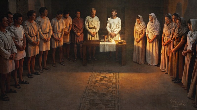 Sacred artwork by Faith and Verse. © Faith and Verse, 2026. All rights reserved. Early Christian house church Eucharist, Rome c. 269 AD, believers gathered around altar table with bread and cup.