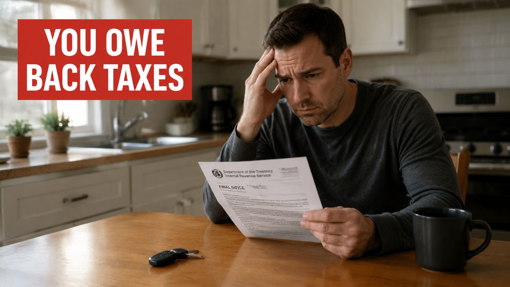 A man looks at an official letter next to his car keys on a table, representing a suspended license notice.