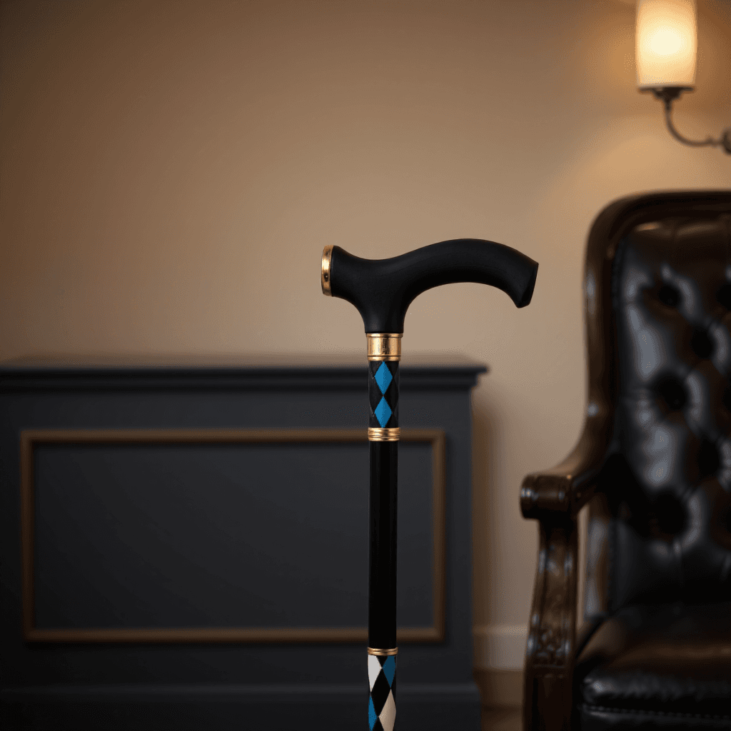 product photography of a walking cane with a decorative grip and patterned shaft