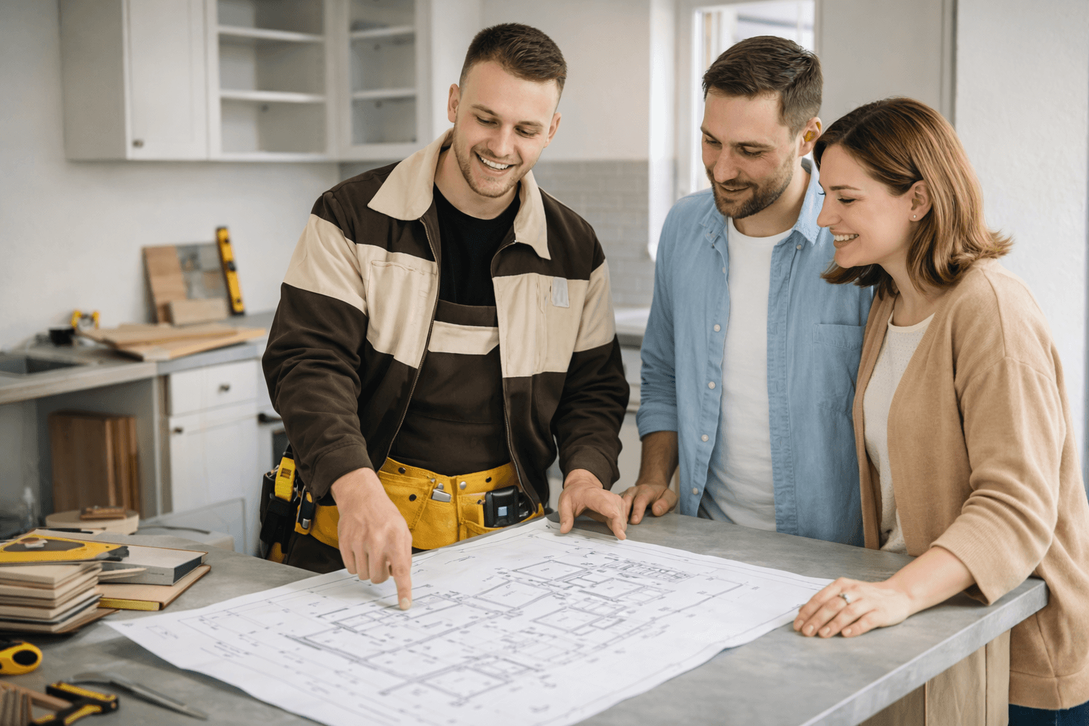 Image of a house contractor showing showing kitchen blueprint to homeowners