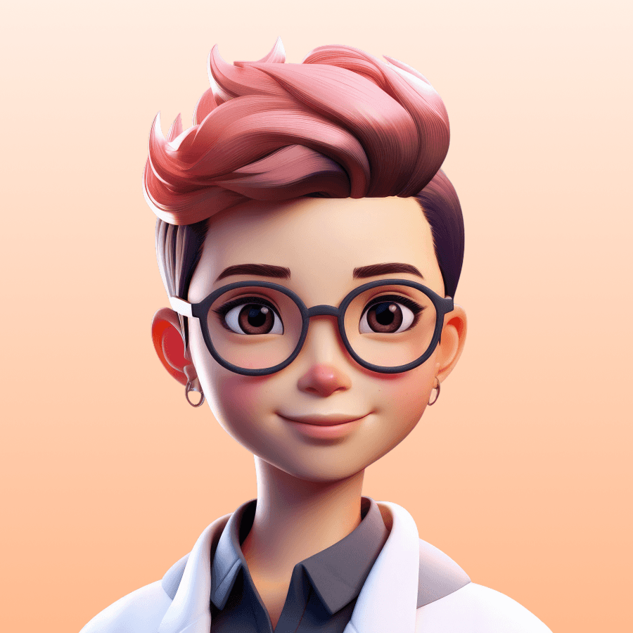 Smiling 3D avatar with pink spiky hair, round glasses, and lab coat.
