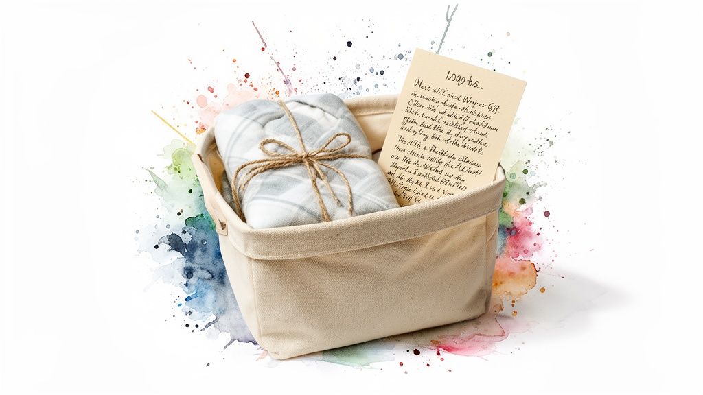A cream fabric basket holds a gray plaid blanket and a handwritten note amidst colorful watercolor splashes.