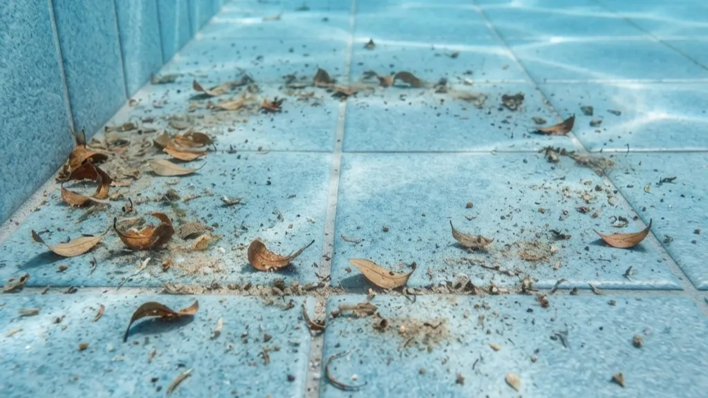Debris accumulated on a pool floor indicating the need for vacuuming