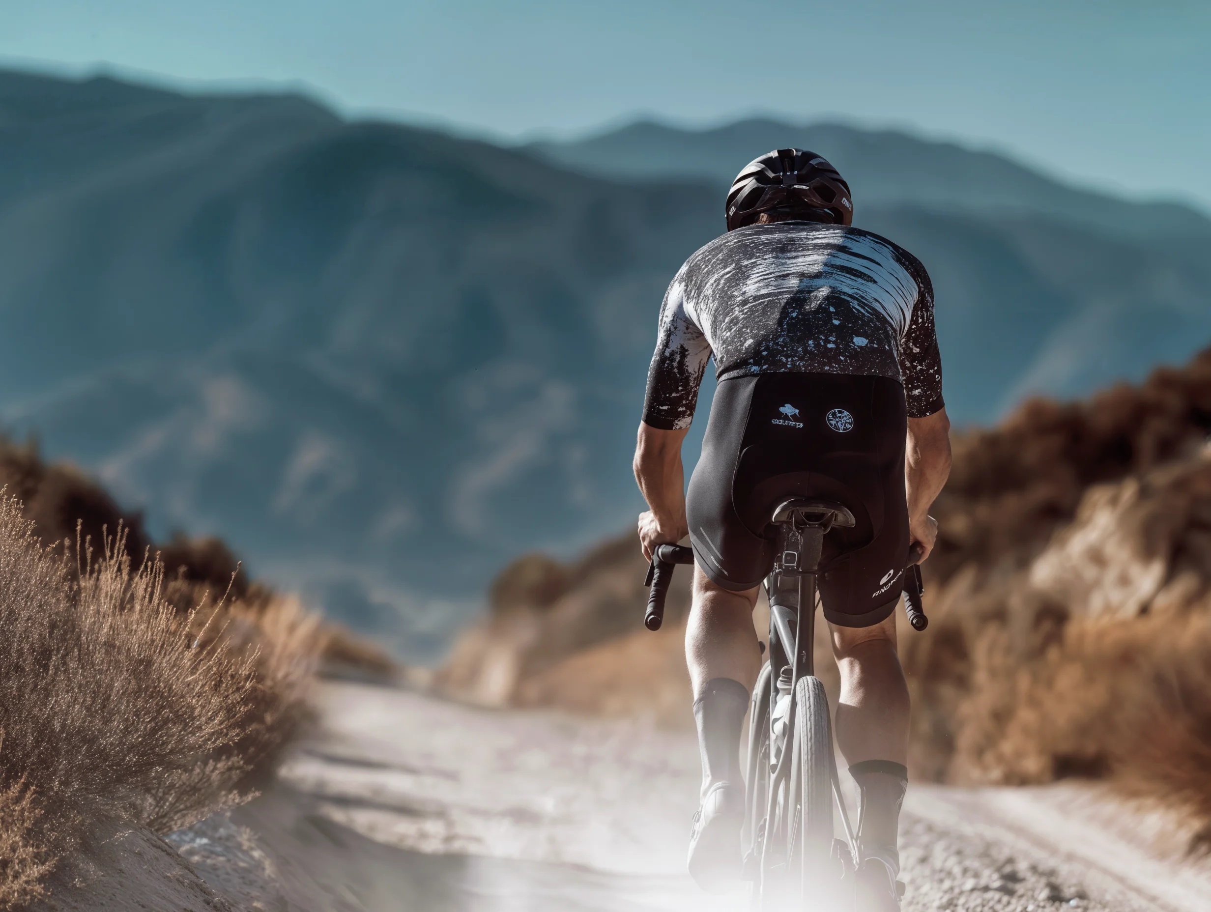 Rear view of a cyclist riding along a gravel road with mountains in the background