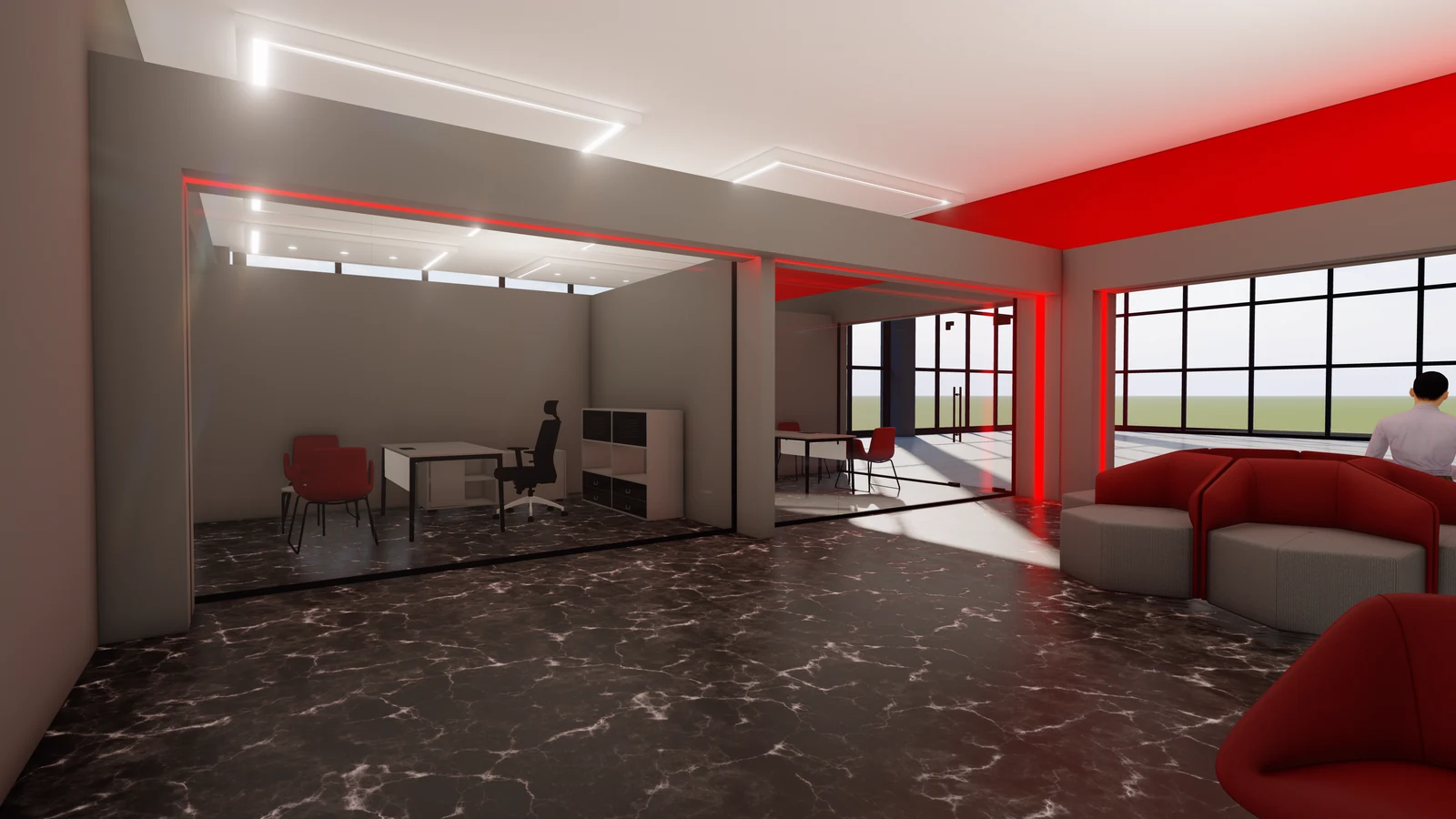Ufficio direzionale con pareti in vetro e area lounge per i clienti, progettati su misura per Ceylan Ticaret.
