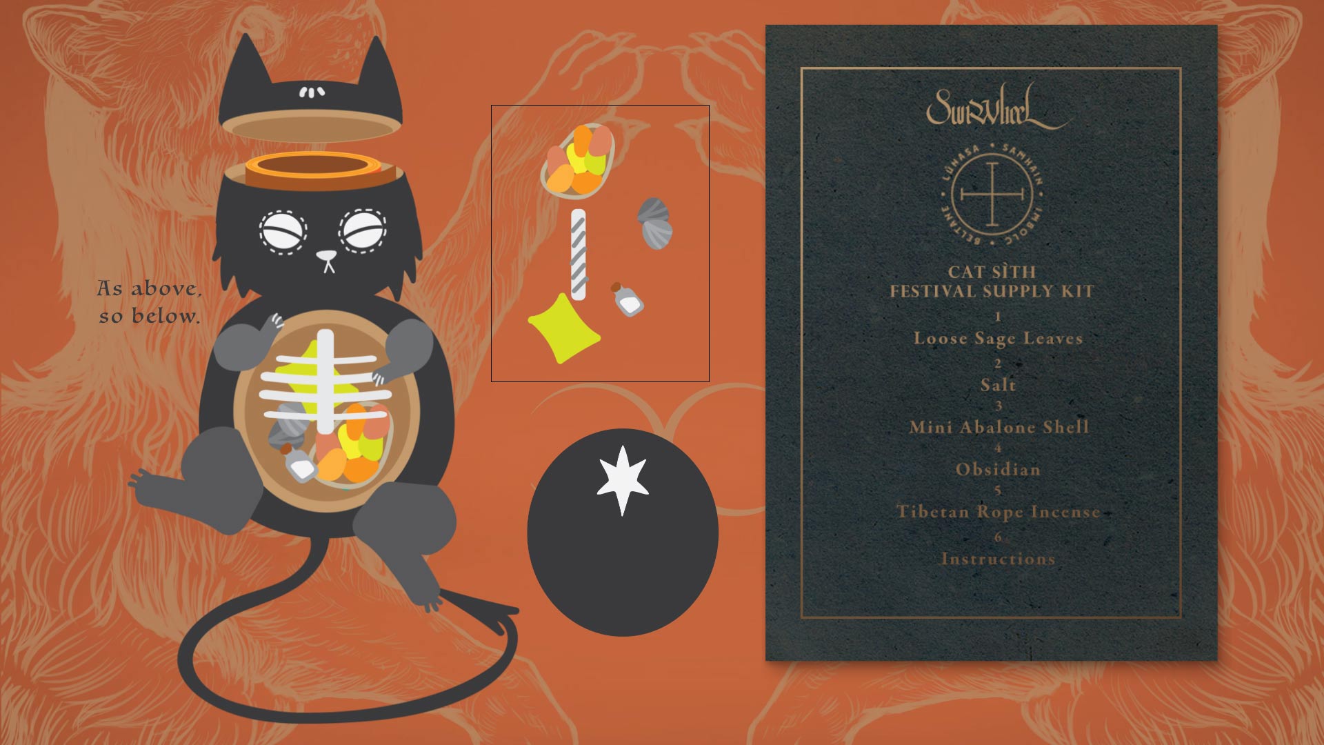 A black cat with pointed ears and a gold ring sits holding a small bowl containing various items, including colorful objects and a white star. The cat is positioned on an orange background with a faint, light-colored pattern. To the right is a dark teal box labeled “SunWheel FESTIVAL SUPPLY KIT,” listing items such as loose sage leaves, salt, mini abalone shell, obsidian, and Tibetan rope incense, along with six instructions. The text “As above, so below” appears to the left of the cat.