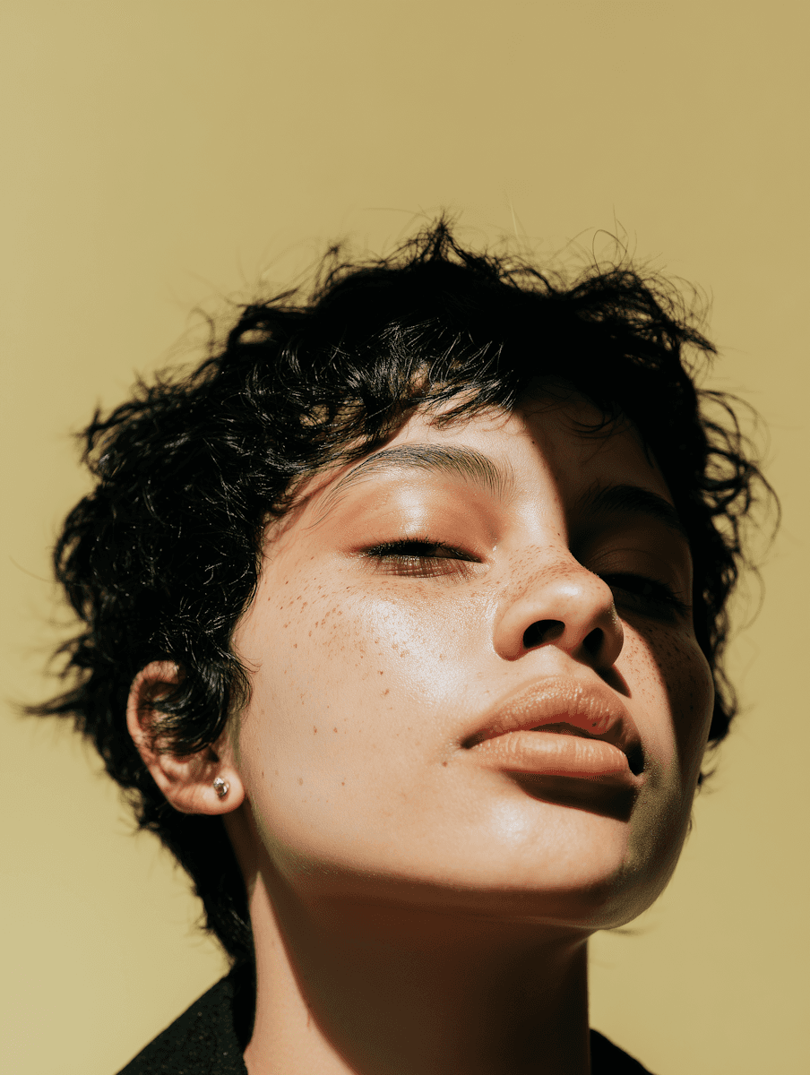 Close-up portrait of a person with short black hair, freckles, and a neutral expression against a muted yellow background.