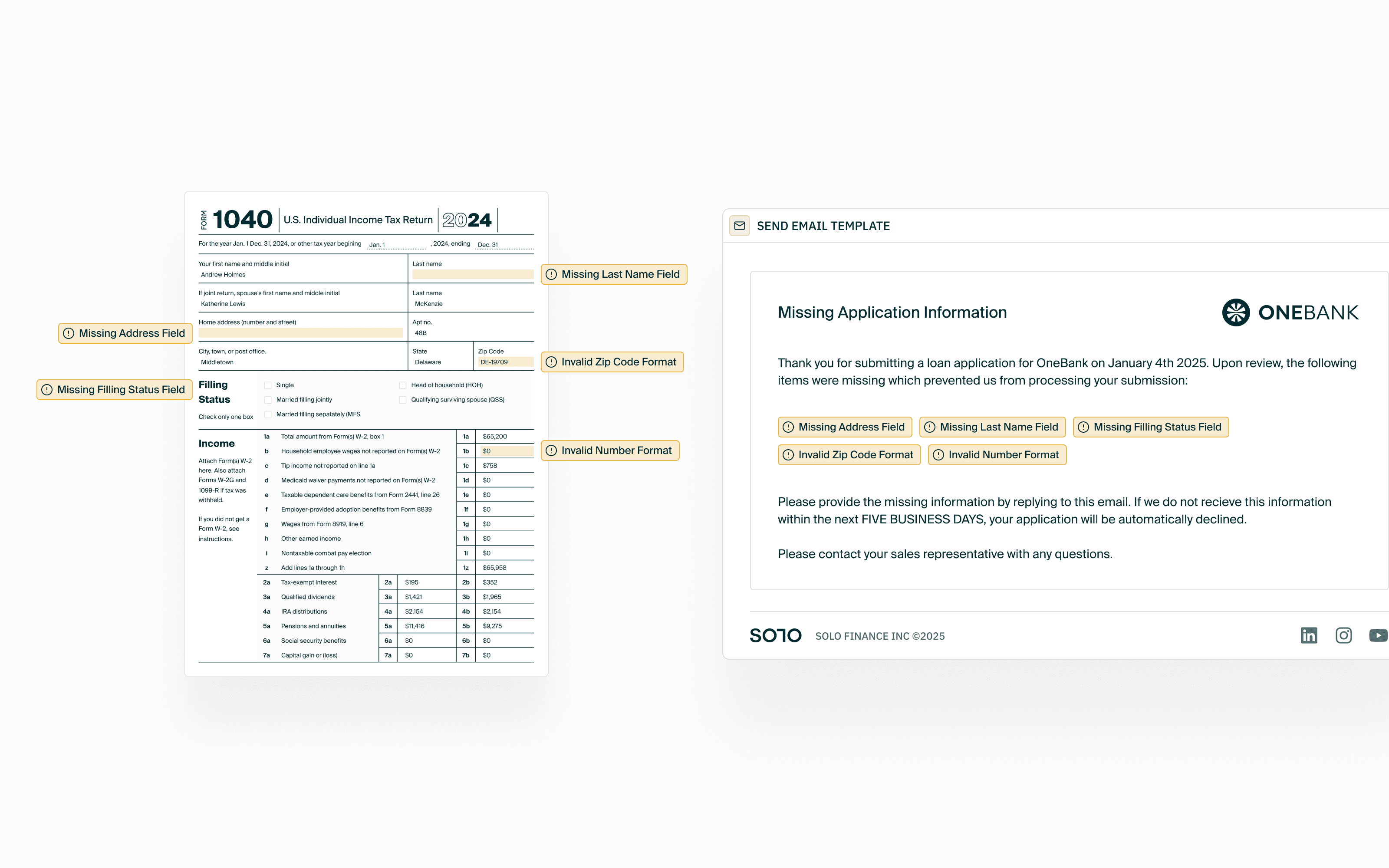 illustration of document automation to flag missing fields in a loan application document and email the borrower for missing details