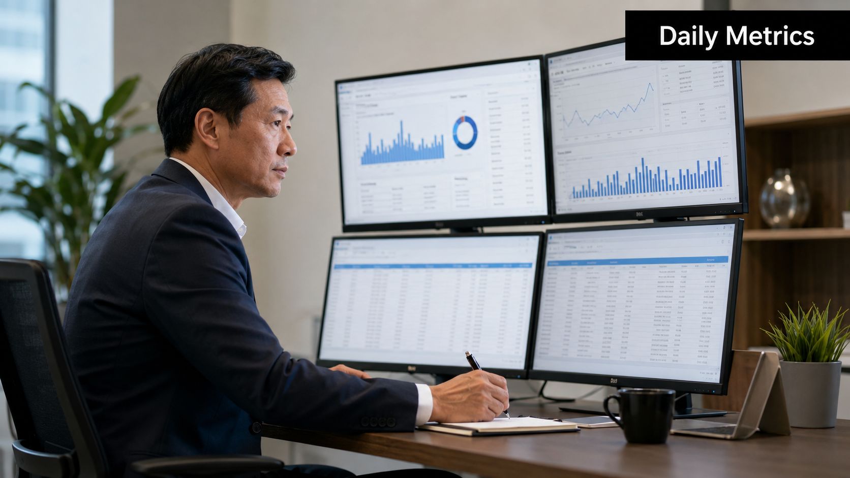 A professional financial officer analyzing complex data charts and tables on four computer monitors at his desk.