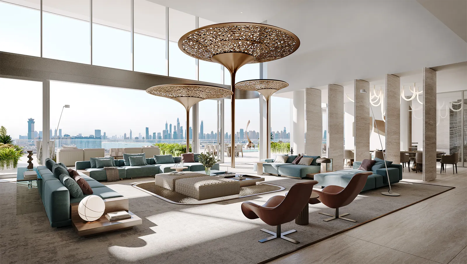Contemporary living room with stylish decor and a stunning city view, showcasing Omniyat Bespoke's design expertise.