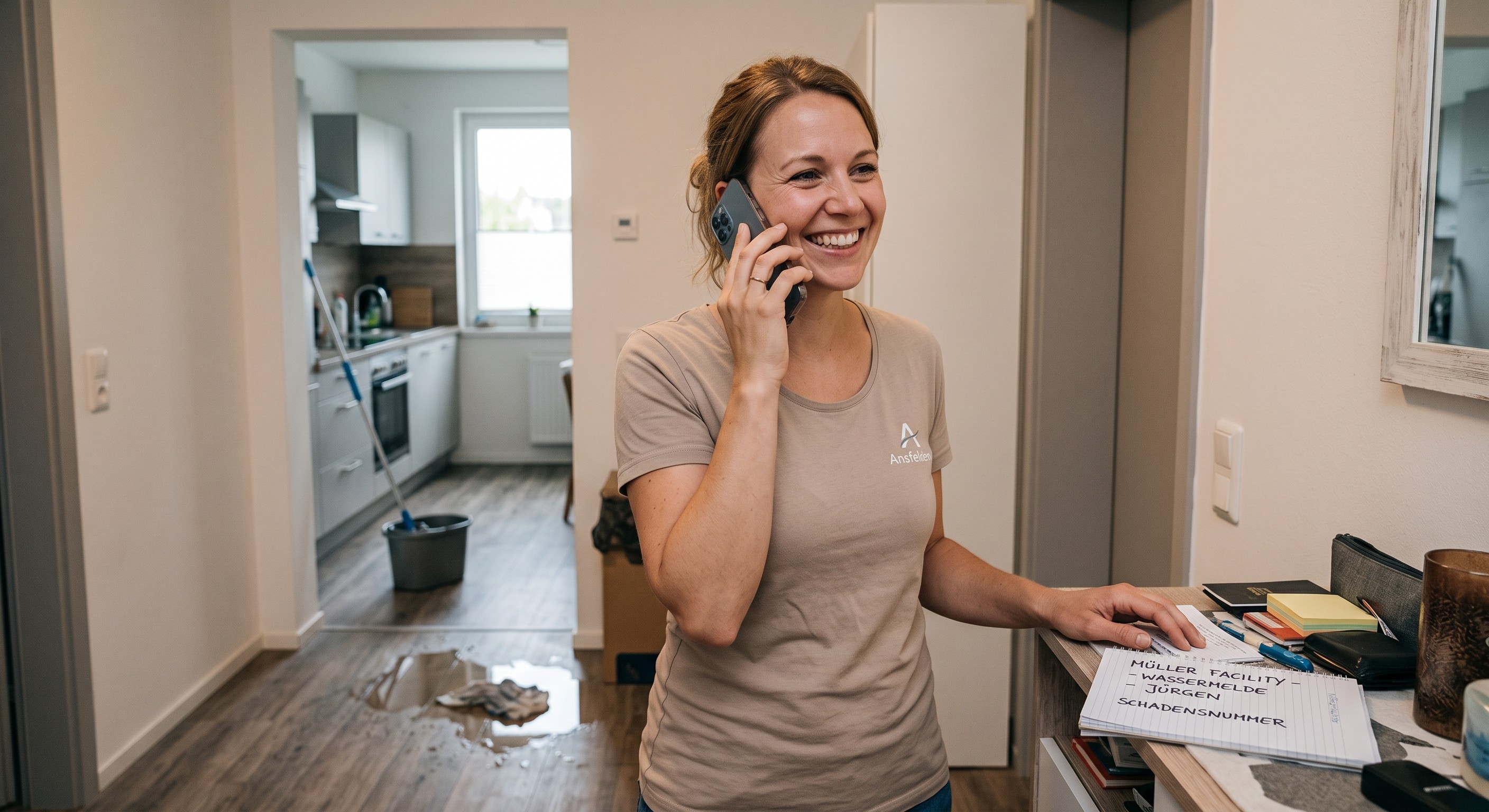 Eine lächelnde Frau telefoniert mit ihrem Smartphone in der Wohnung, während im Hintergrund eine Wasserpfütze auf dem Boden zu sehen ist und Notizen zur Schadensmeldung bereitliegen.