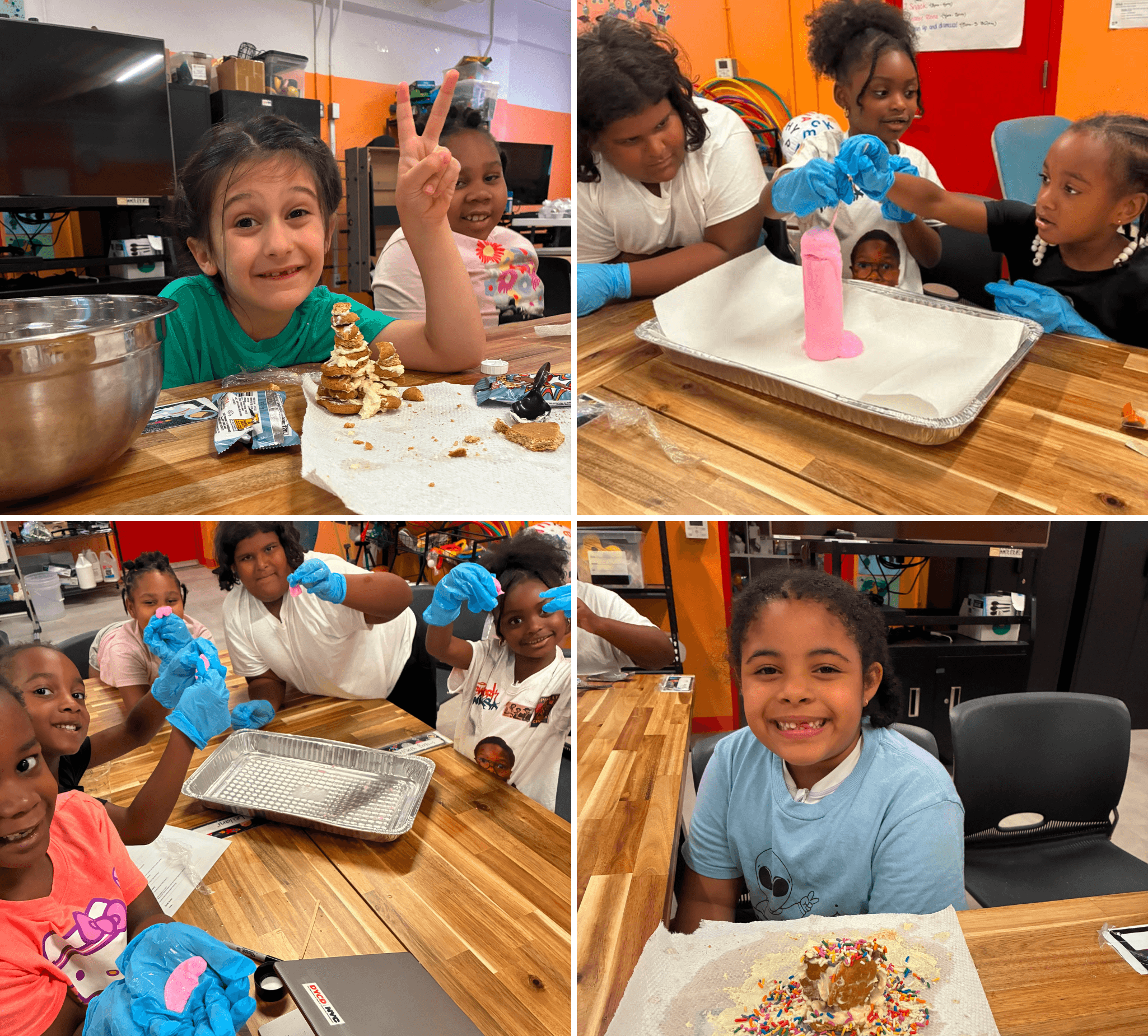 Participants make faces to express their favorite emotions and hold up a posterboard with a colorful representation of emotions and feelings.