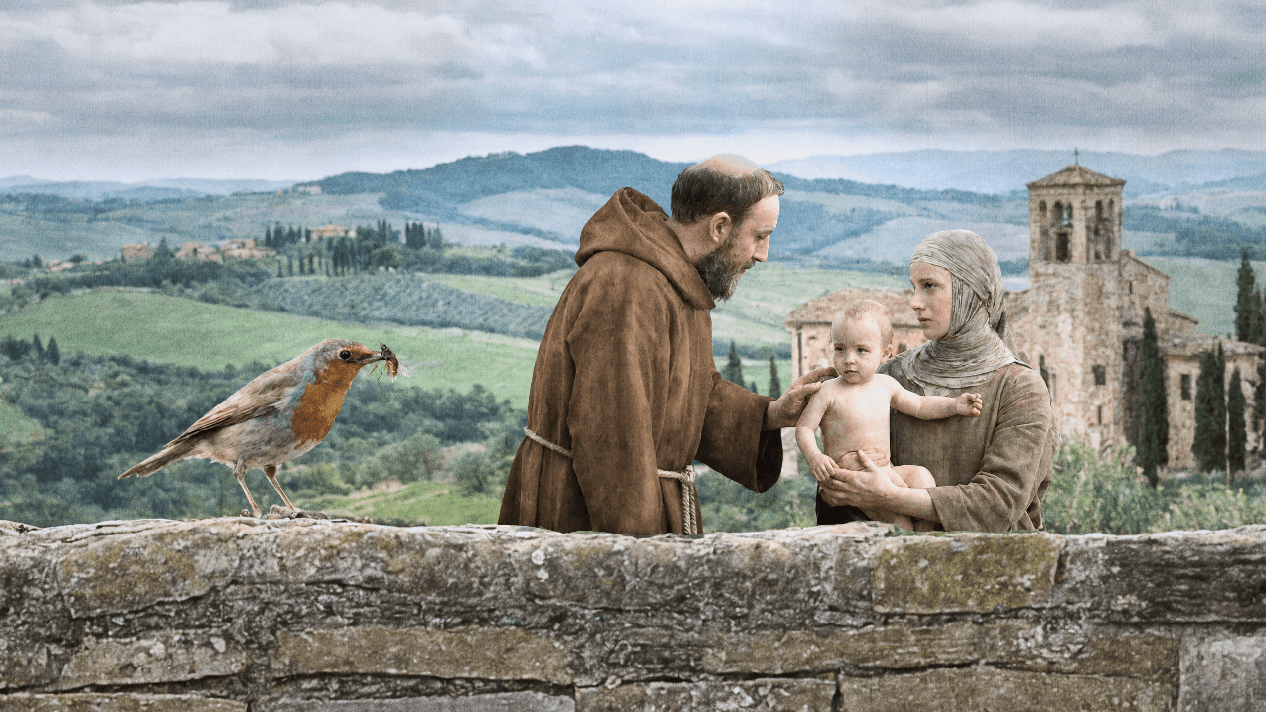 Sacred artwork by Faith and Verse. © Faith and Verse, 2025. All rights reserved. Saint Francis touches the infant Bonaventure while his mother holds him; a robin with a crushed fly in its beak perches on a stone wall in the foreground