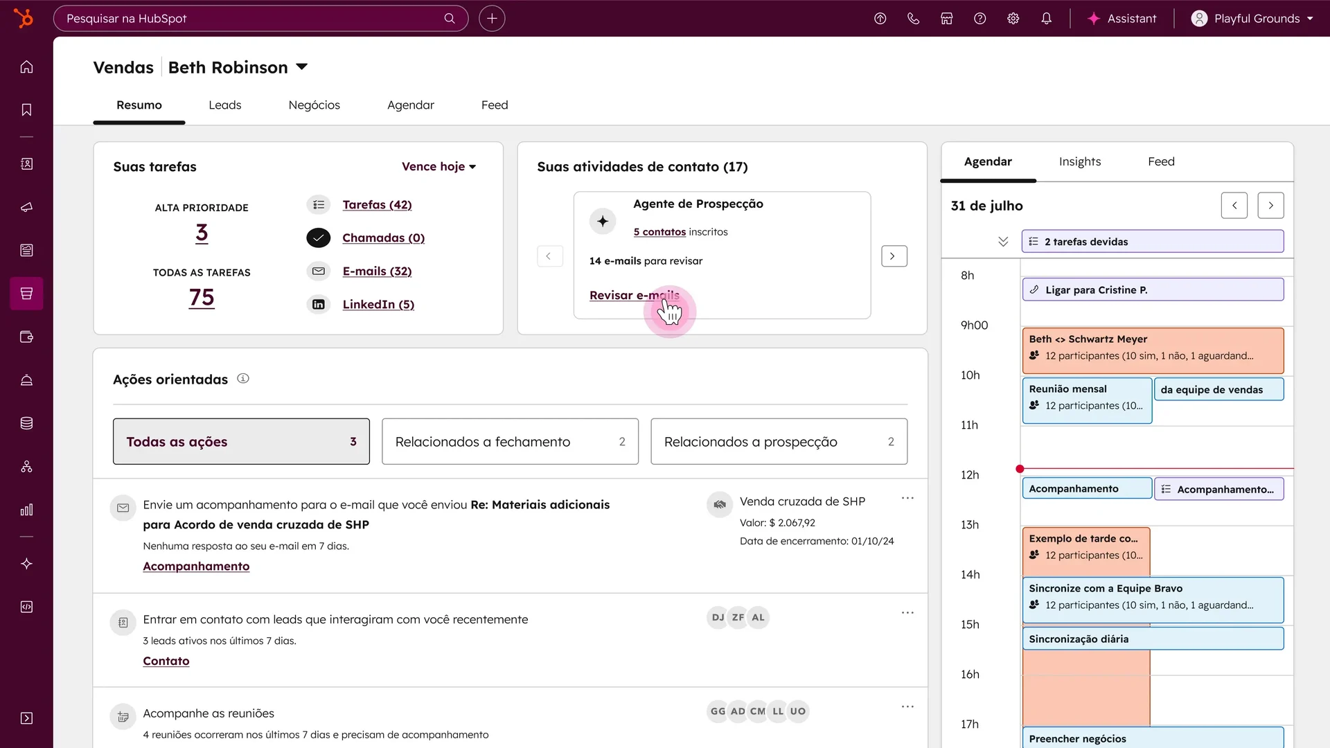 Painel da HubSpot com automações de IA integradas ao CRM, implantado pela Reevia