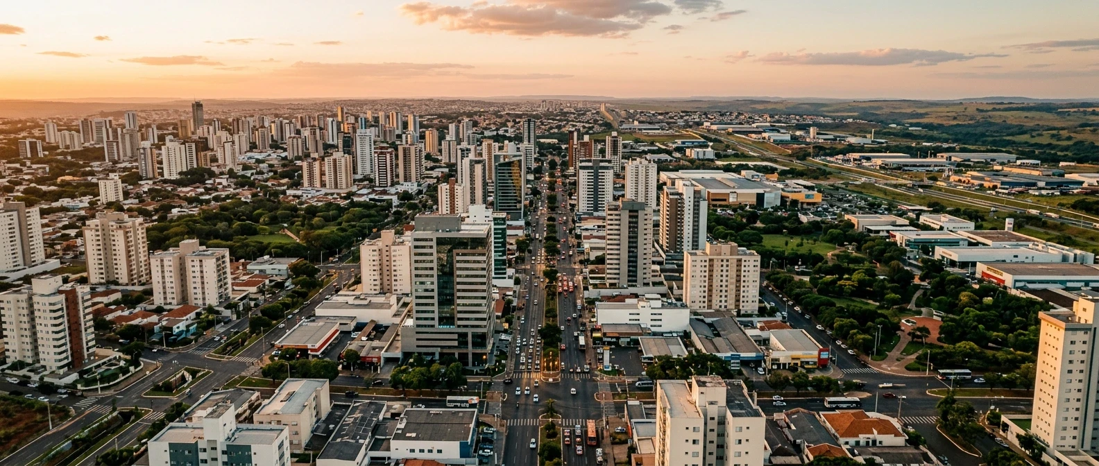 Vista aérea de Uberlândia-MG ao entardecer mostrando o crescimento urbano, prédios comerciais e avenidas organizadas, evidenciando o desenvolvimento econômico da cidade