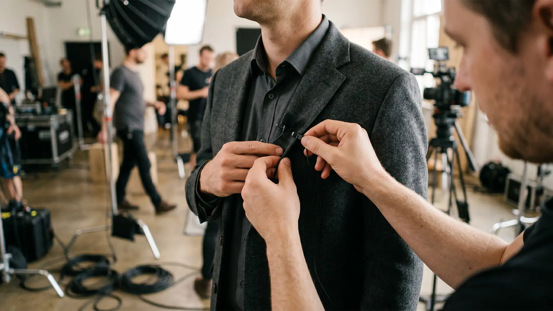 Close-up of a sound technician attaching a lavalier microphone to a speaker’s jacket during a corporate video shoot, with production crew and equipment blurred in the background.