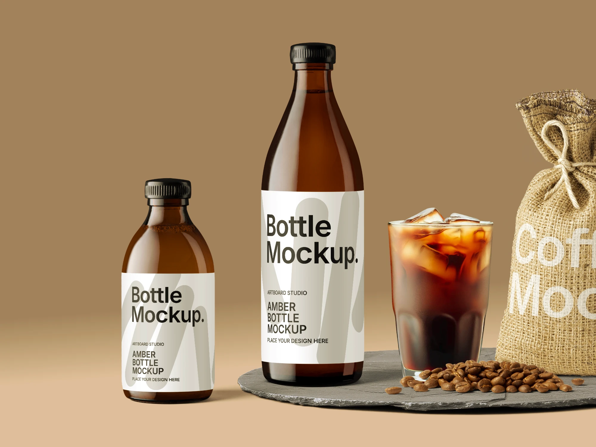 Amber bottle mockup with cold coffee and beans