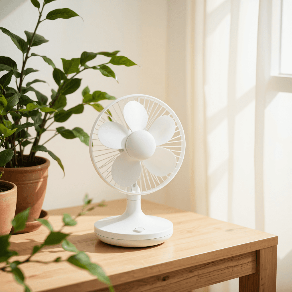 product photography of a small table fan for personal cooling