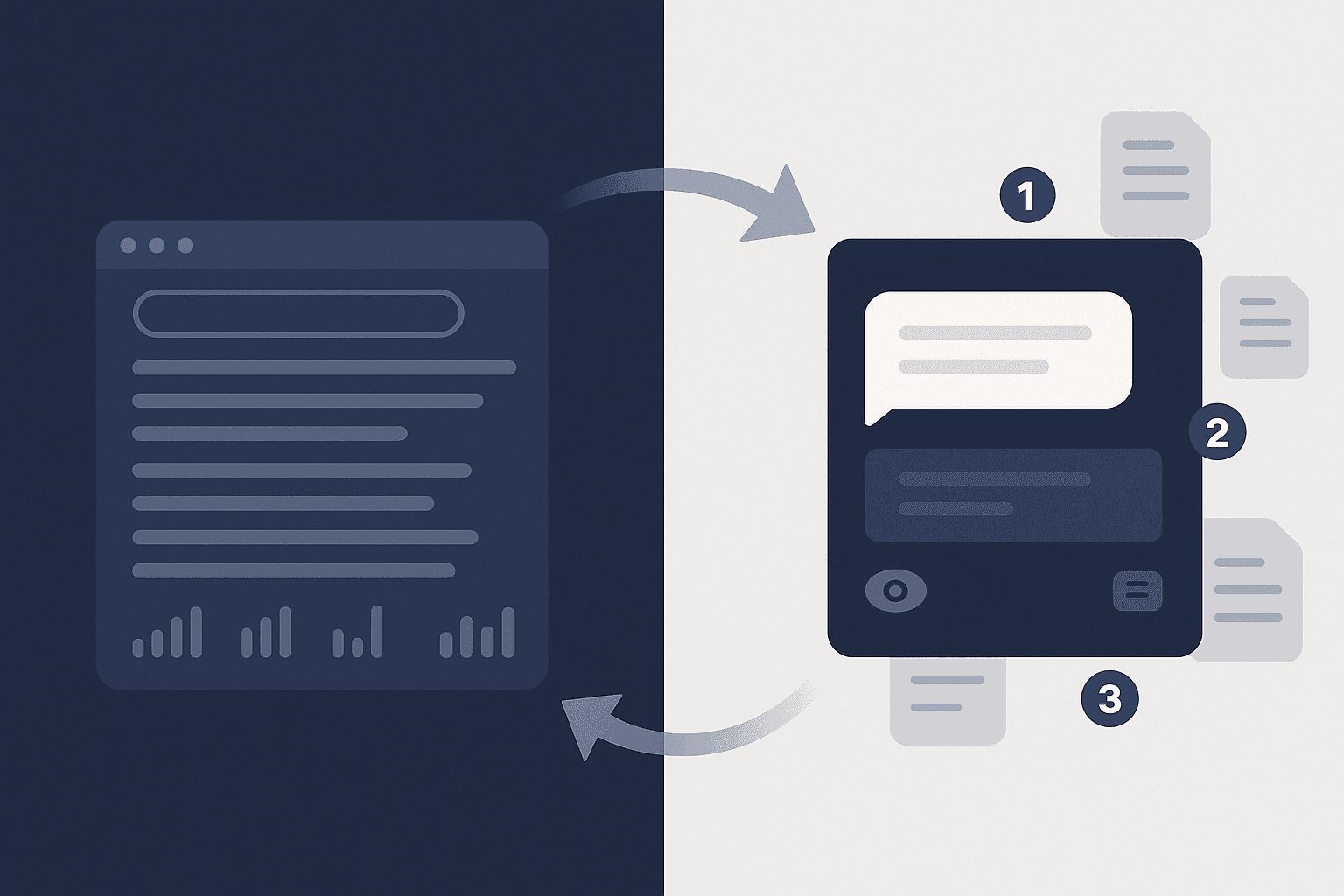 Split-screen graphic comparing traditional SEO search results with AI chat answers citing sources